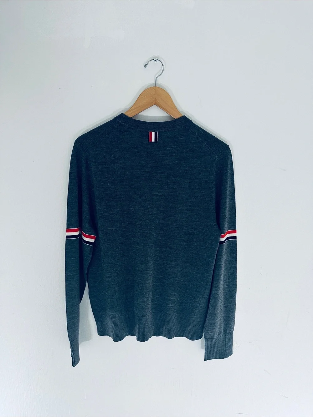 Thom Browne Men's Gray Light Crewneck Sweater with Sleeve Stripes 100% Authentic